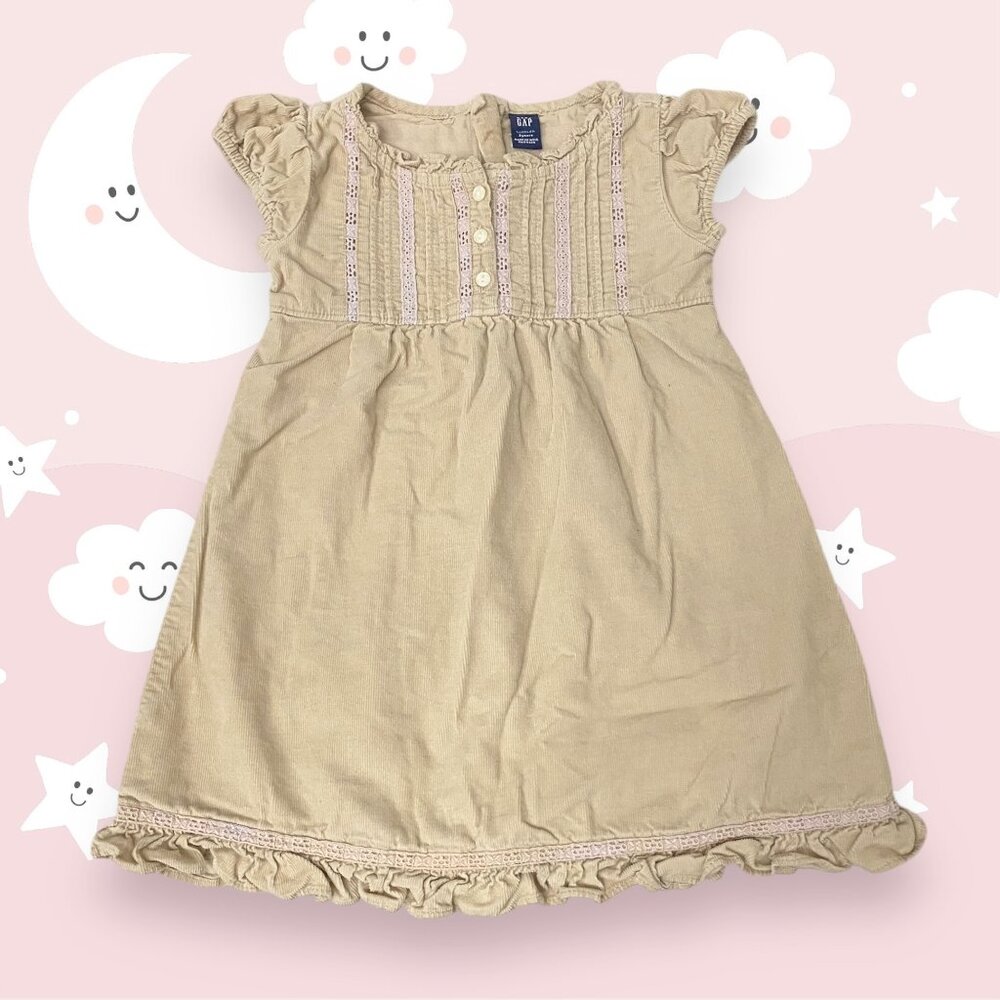Vintage Baby Gap Corduroy Dress Toddler 12 M-2 Y Tan Pink Cap Sleeve 100% Cotton